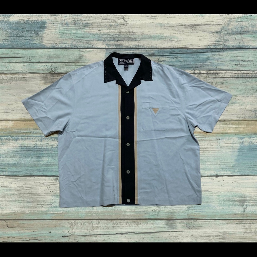 MENS XLARGE Blue Nat Nast Luxury Orginals Silk Short Sleeve Button Up Shirt